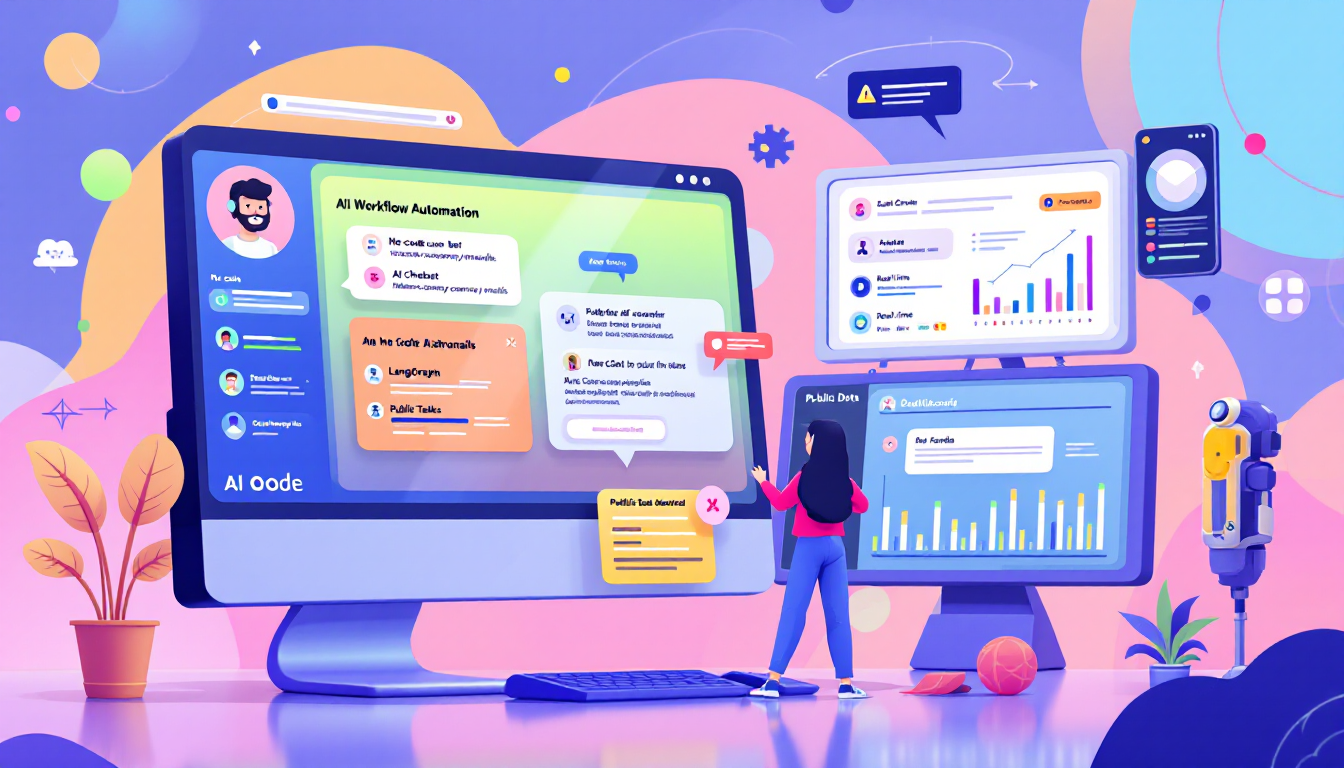 AI 입문자를 위한 다양한 실습 프로젝트 사례를 보여주는 이미지, 업무 자동화 봇, 챗봇, AI 에이전트, 공공데이터 대시보드 포함